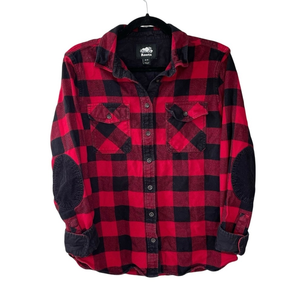 ROOTS Canada Red Black Checked Plaid Flannel Button Front Shirt Elbow Patches M